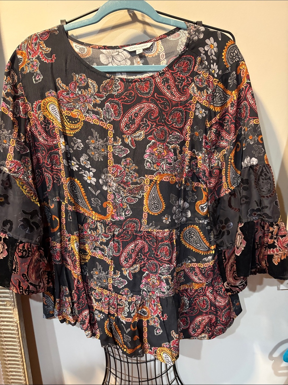 John Mark Black Paisley Patchwork Peasant Blouse with Gold & Pink Accents